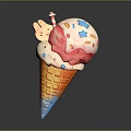 Delicious Ice Cream Cone With Waffle Cone Pink White Scoops And Colorful Sprinkles Blue Stars