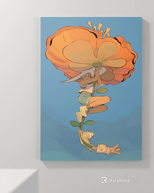 Abstract Painting of Orange Flower Featuring Long Haired Figure Little Fox Blue Background and Mountains 3d model 