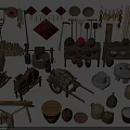 Traditional Agricultural Equipment With Various Tools Grain Containers And Farm Produce
