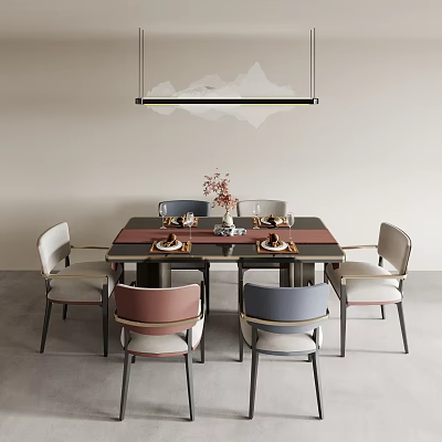 Modern Dining Table Set With Colorful Upholstered Chairs Floral Vase And Hanging Light 3d model