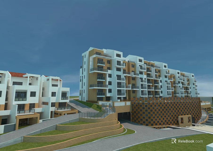 Modern Residential Building Exterior Featuring White Brown Facade Balconies Terrace Steps Green Lawn And Road 3d model 
