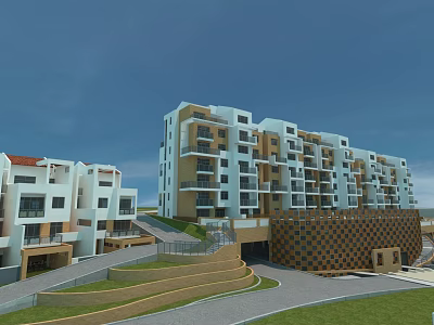 Modern Residential Building Exterior Featuring White Brown Facade Balconies Terrace Steps Green Lawn And Road 3d model
