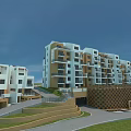 Modern Residential Building Exterior Featuring White Brown Facade Balconies Terrace Steps Green Lawn And Road