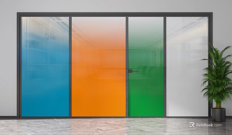 Modern Colored Corrugated Glass Room Divider With Blue Orange Green Panels 3d model 