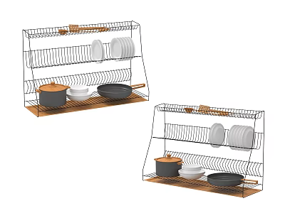Wire Kitchenware Organizer With Plates Bowls Pans And Wooden Base 3d model