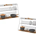Wire Kitchenware Organizer With Plates Bowls Pans And Wooden Base