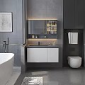 Sleek Modern Bathroom Wall Mounted Vanity With Dark Countertop Mirror Cabinet And Faucet