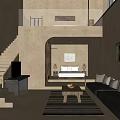 Modern Natural Hotel Room Interior With Staircase Open Space Sofa Bed And Area Rug