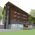 Modern Commercial Complex Exterior With Wooden Facade Glass Curtain Wall Black Roof And Green Landscape