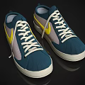 Blue Casual Sneakers With Yellow Logo White Laces And White Sole Design