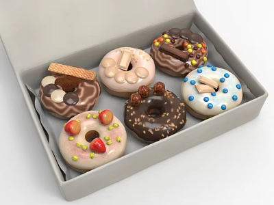 Assorted Donuts Decorated With Chocolate Fruits And Cookies In A Box 3d model Assorted Donuts Decorated With Chocolate Fruits And Cookies In A Box 3d model