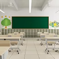 School Classroom Interior With Desks Chairs Blackboards Wall Decorations And Bright Lighting