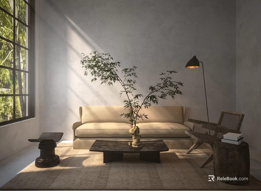 Minimalist Beige Sofa And Coffee Table Set With Green Plant Floor Lamp Natural Light 3d model 