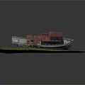 Weathered Abandoned Boat Model With Red Roof On Green Grass Miniature Scene