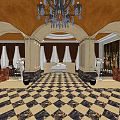 Luxurious Shop Reception Area With Chandelier Columns Statues And Ornate Carpet