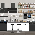 Modern Kitchen Interior With Black And White Cabinets Appliances Bar Stools And Spices