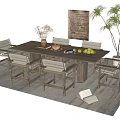 Wooden Dining Table Set With Six Chairs Vase Fruits Plant And Wall Art
