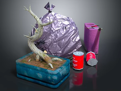 Dead Tree Branch On Blue Base With Purple Bag Red Cans And Purple Trash Bin 3d model
