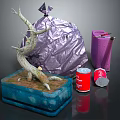 Dead Tree Branch On Blue Base With Purple Bag Red Cans And Purple Trash Bin
