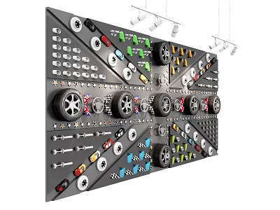 Organized Display Board With Various Mechanical Parts Including Tires Gears And Tools 3d model