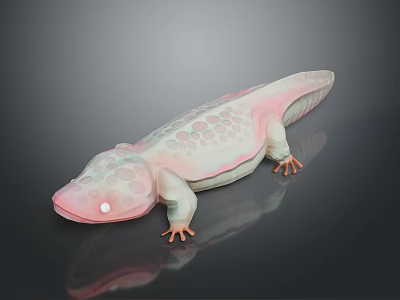Pink And White Spotted Axolotl With Glowing Eyes Lying On Dark Background With Reflection 3d model