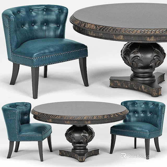 Elegant Dining Table Set With Round Top Carved Base And Blue Tufted Chairs 3d model 