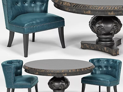 Elegant Dining Table Set With Round Top Carved Base And Blue Tufted Chairs 3d model