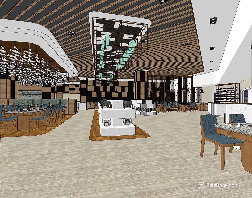 Modern Restaurant Interior Design With Wooden Ceiling Pendant Lights And Dining Tables Chairs 3d model 