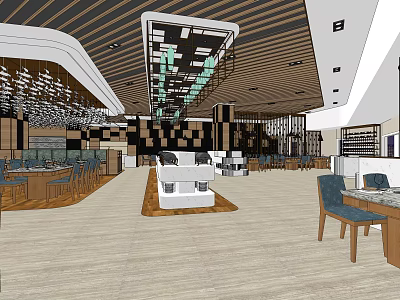 Modern Restaurant Interior Design With Wooden Ceiling Pendant Lights And Dining Tables Chairs 3d model