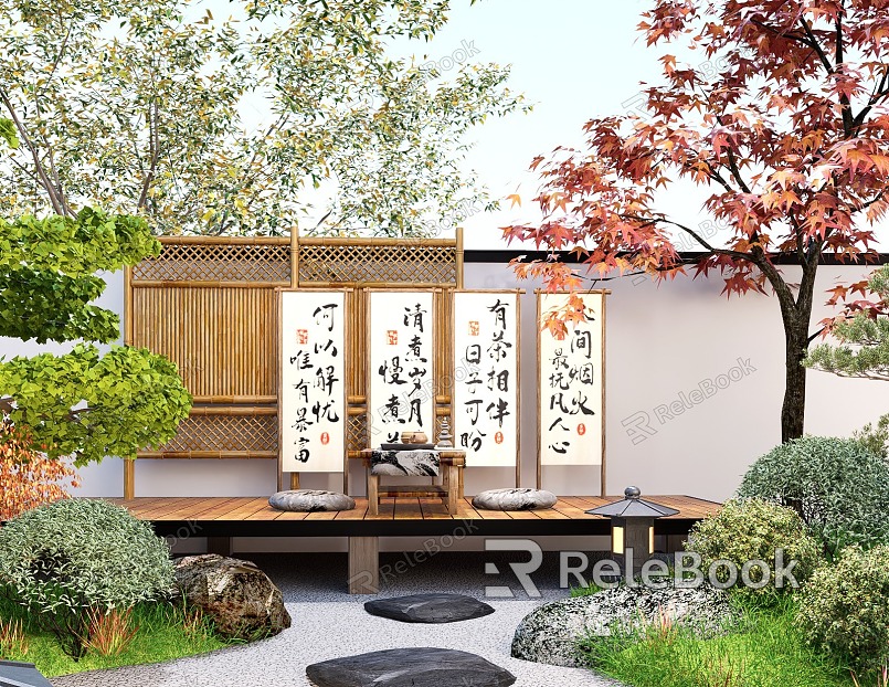 Japanese style courtyard sketch tea table and chair tea table camp atmosphere flag stone plant landscape red maple model