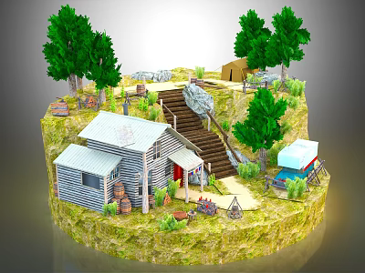 Cartoon Scene With Wooden Cabin Stone Stairs Tent Green Trees And Blue Van 3d model