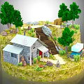 Cartoon Scene With Wooden Cabin Stone Stairs Tent Green Trees And Blue Van