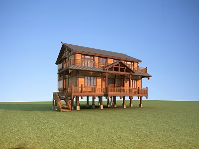 Wooden Two Story Detached Villa With Multiple Balconies On Green Lawn 3d model