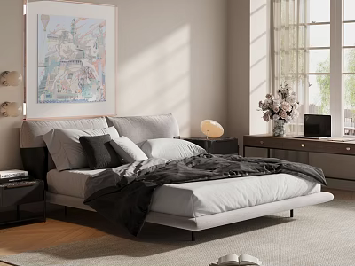 Double Bed In Modern Bedroom Interior With Gray Pillows Black Blanket Sunlight Painting And Dresser 3d model