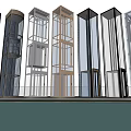 Modern Glass Elevators with Various Structural Designs and Water Reflections 3d model