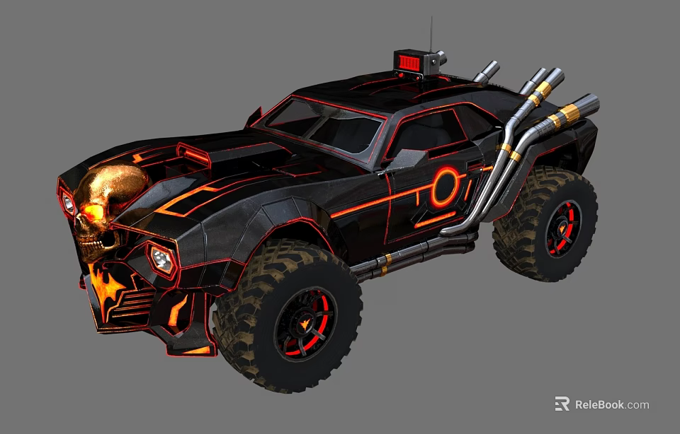 Black Modified Off Road Vehicle With Skull Design Orange Accents And Large Tires 3d model 