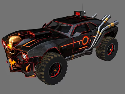 Black Modified Off Road Vehicle With Skull Design Orange Accents And Large Tires 3d model