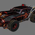 Black Modified Off Road Vehicle With Skull Design Orange Accents And Large Tires