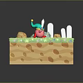 Cartoon Style Terrain With Yellow Platform Green Plants Brown Holes And White Pillars