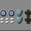 Stylish Household Items With Blue White Plates Light Blue Cups Black Containers And White Balls