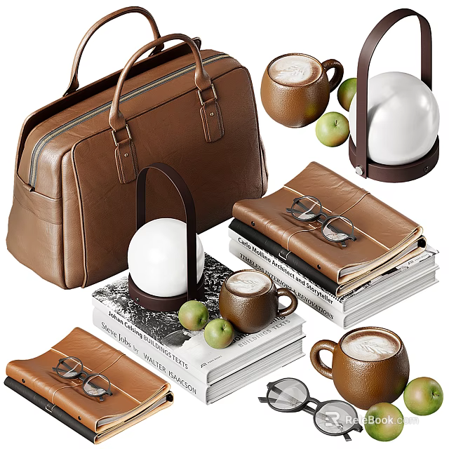 Decorative Ornament Set Featuring Brown Leather Bag White Spherical Lamp Coffee Mugs Green Apples And Books 3d model 