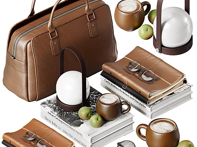 Decorative Ornament Set Featuring Brown Leather Bag White Spherical Lamp Coffee Mugs Green Apples And Books 3d model