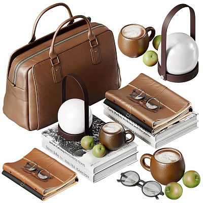 Decorative Ornament Set Featuring Brown Leather Bag White Spherical Lamp Coffee Mugs Green Apples And Books 3d model