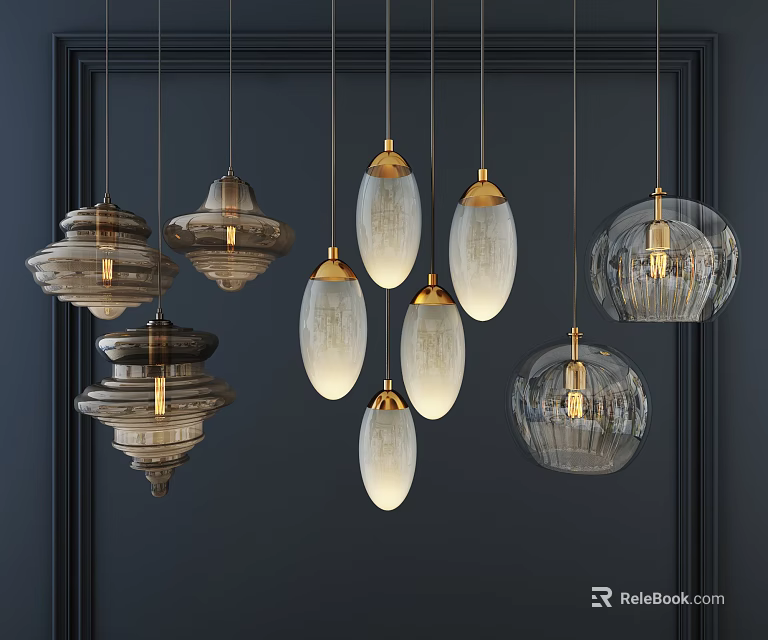 Various Glass Chandeliers In Different Designs With Golden Accents And Elegant Shades 3d model 
