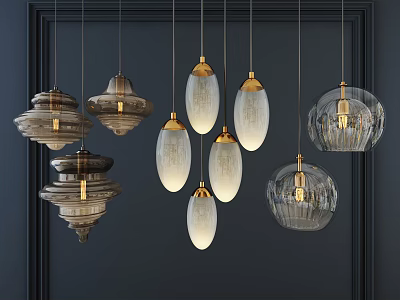Various Glass Chandeliers In Different Designs With Golden Accents And Elegant Shades 3d model
