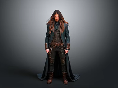 Mysterious Man With Long Hair Dark Cloak And Leather Belt In Medieval Style Outfit 3d model