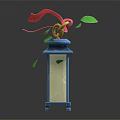 Decorative Blue Pillar With Red Ribbon Golden Ring And Falling Green Leaves
