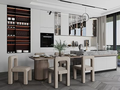 Restaurant Dining Table Dining Chair Bar Counter Island Table Chandelier Wine Cabinet Dining Table and Chair Combination 3d model