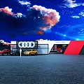 Modern Audi RS Showroom Exterior With Red Blue Clouds And Parked Vehicles