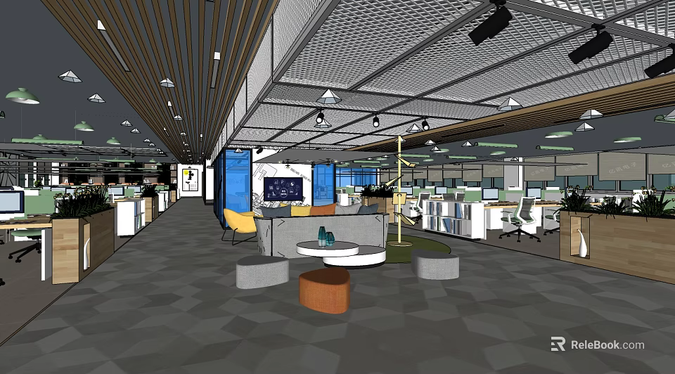 Modern Public Office Space With Open Layout Workstations Computer Monitors And Lounge Area Plants 3d model 